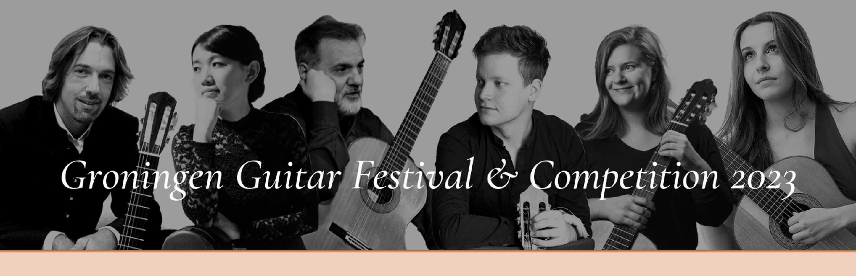 Banner showing the artists of the festival, with the text "Groningen Guitar Festival & Competition 2023" above